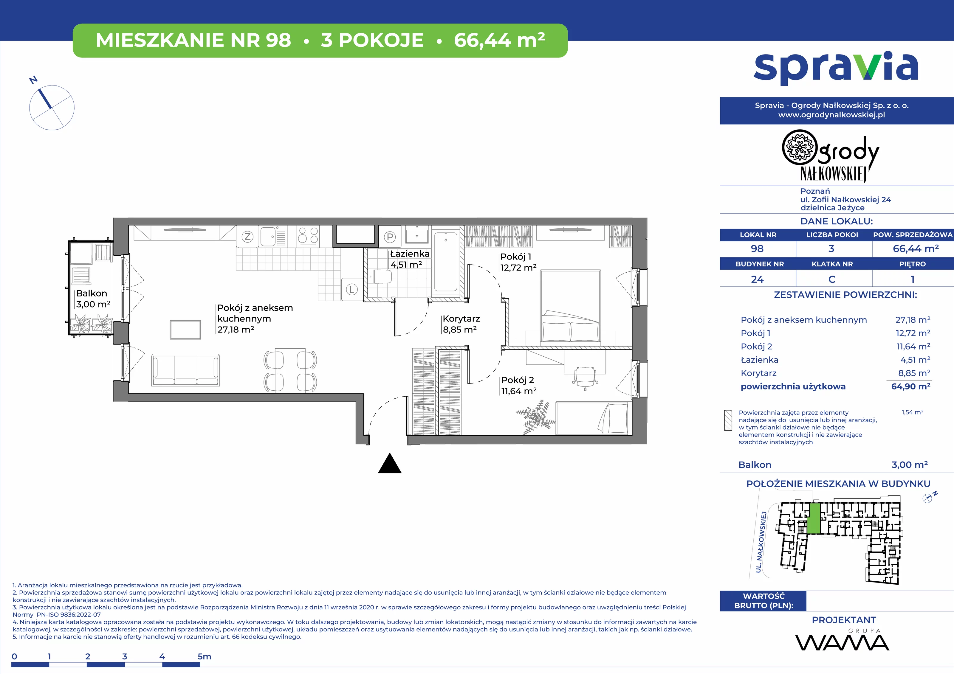 3 pokoje, mieszkanie 66,44 m², piętro 1, oferta nr 24-98, Ogrody Nałkowskiej, Poznań, Ogrody, ul. Nałkowskiej 24, 26